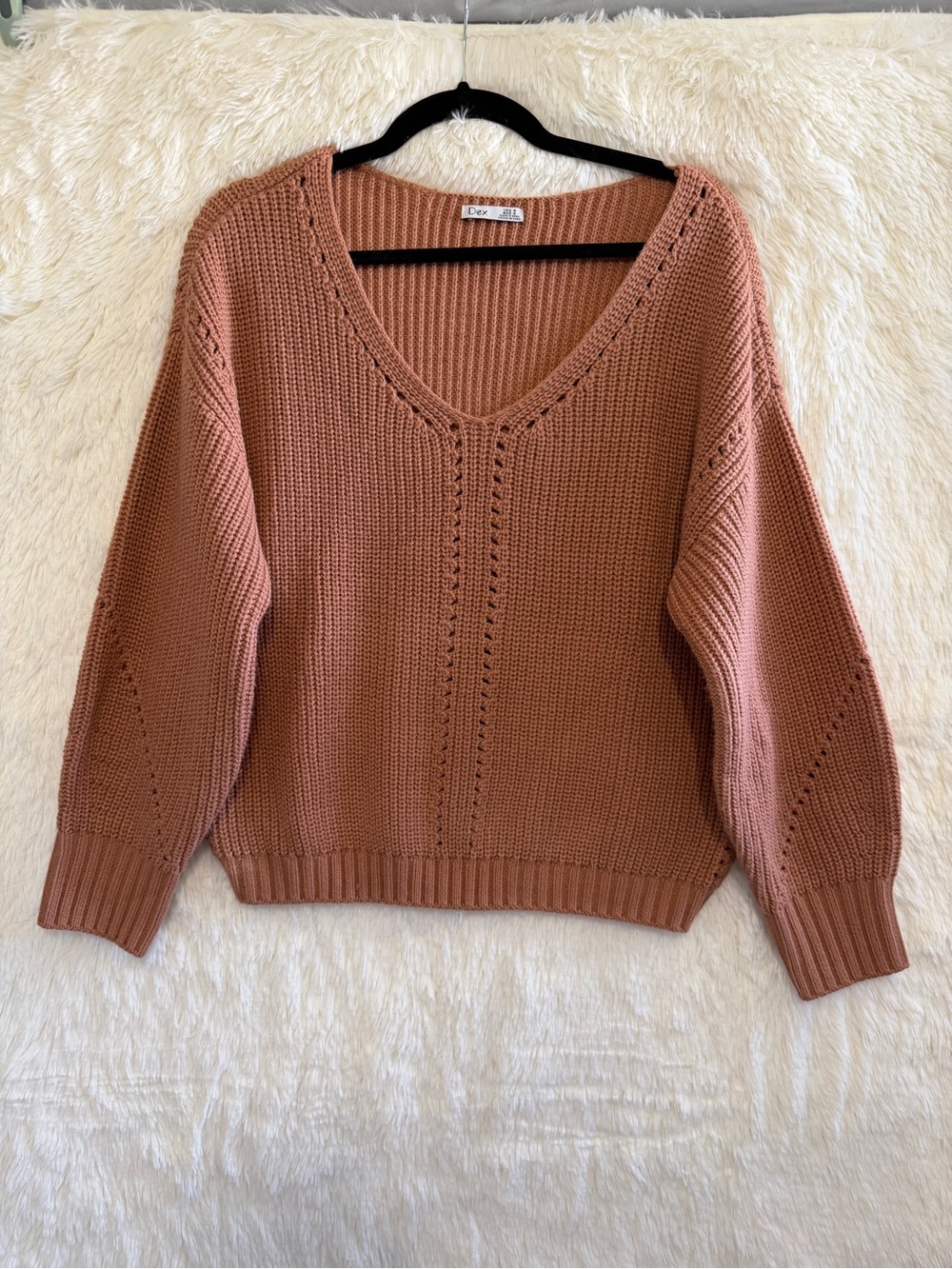 Dex Womens Boho Chunky Knit Oversized Sweater Size M Rust Cottagecore V-Neck